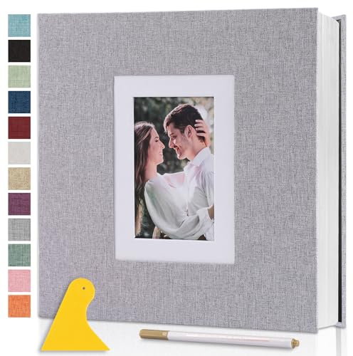 Fotoalbum Selbstklebend 28x27 CM Photo Album, 40 Seiten Grau | Groß Fotobuch zum Selbstgestalten Einkleben Scrapbook mit Bildanzeigefenster Leinen für Baby Kinder Hochzeit Gästebuch