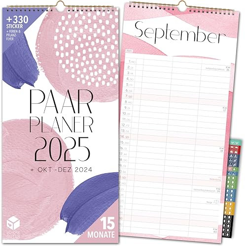 Paarplaner 2025 3 Spalten PASTELL Planer für Zwei 2025 und Okt-Dez 2024 Partnerkalender 16x32,5cm Paarkalender f. Paare 2025 Wandplaner 2 Personen STICKER Recycling Urlaub Wasserfarben