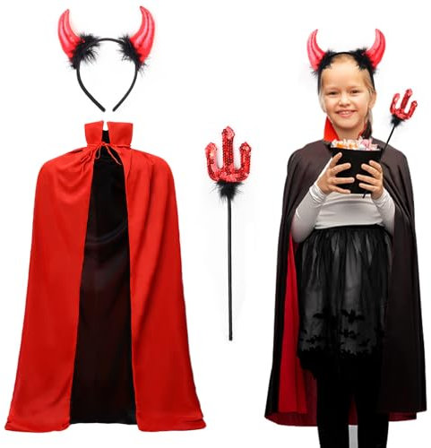 ROSAUI Teufel Kostüm für Kinder, Halloween Vampir Umhang Set mit Teufelshörner und Teufelgabel, 90 cm Schwarzer & Roter Cape für Halloween-Masquerade, Karneval