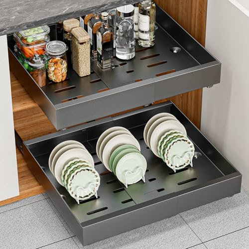 Arthome 2 Pack Expandable Pull out Cabinet Organizer for Kitchen Storage, Slide out Drawers with Adhesive Nano Film, Pots and Pans Organizer 32-52CM W x 42CM D x 7.5CM H,Black