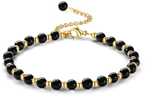 Adramata Perlen Armband für Damen 5MM Naturstein Armbänder 3MM Edelstahl Perlenarmbänder Verstellbare Vergoldete Armband Edelsteine Boho Armband Perlenarmband Damen Schmuck mit Geschenkbox