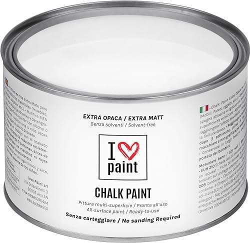 I LOVE CHALK PAINT Colore Bianco Gesso 375 ml - Senza Carteggiare Colora Mobili, Pareti e Oggetti - Senza solventi e formaldeide – Inodore a base di acqua