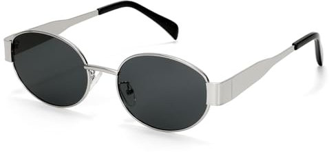 JasGood Retro Sonnenbrille Damen Herren Trendy Ovale Metall Sunglasses Woman Klassische Sonnenbrille UV400 Schutz Sonnenbrillen mit Metallrahmen für Damen Fahren Reisen,Silber Rahmen/Grau Gläser