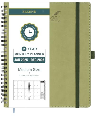 BEZEND Kalender 2025-2026, Monatsplaner 2025-2026 (24 Monate) 22,9 x 20,3 cm - 120 g/m² dickes Papier - Planer mit Spiralbindung, Kalender mit Tabs, Softcover - Kiwi