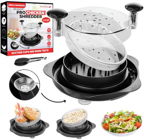 Large Chicken Shredder Tool Twist with Suction Cups, Ergonomic Handle & Strong Anti-Slip, Kitchen Gadget for Shredding Chicken Breast, Pork & Beef, Visible Meat Shredder Machine with Transparent Lid