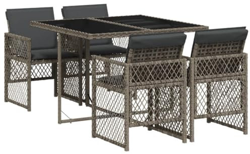 vidaXL Garten Essgruppe 5-TLG., Gartenmöbel Set mit Kissen, Gartengarnitur Tisch 4 Stühle, Sitzgruppe für Garten Terrasse, Grau Poly Rattan