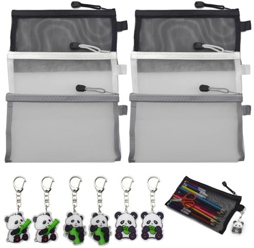 SHENSAIGO 6 Stück Federmäppchen Durchsichtige, Nylon Netz Reißverschluss Mäppchen, Federmappe mit Panda Anhänger, Mesh Federtasche Pencil Case für Reise Tasche Büromaterial Kosmetik Organizer