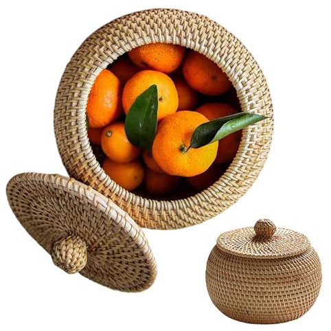 Wicker Storage Basket with Lids Rattan Box with Lid Round Dustproof 5.91x5.91x4.72inch Woven No Odor Solid Color Wicker Storage Basket for Home Farmhouse Kitchen Lidded Storage Bins