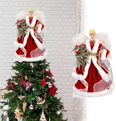 Engel Weihnachtsbaumspitze, Glasfaser Weihnachtsbaumspitze Engel, Engel Dekoration Weihnachtsbaumspitze Topper mit Federflügeln, Light Up Xmas Angel (C)