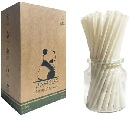 100% Biodegradables Pajitas de Bambú 200 Unidades, 21 cm x 8 mm Long Pajitas in Fibra de Bambú Natural Pajita Desechables para Bebidas Calientes y Frías