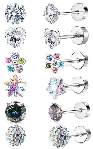12 PCS Titanium Earrings, Helix Piercing Jewellery for Girls and Women, Flower Star Heart Designs, Hypoallergenic, Flat Back Sterling Silver Earrings for Kids