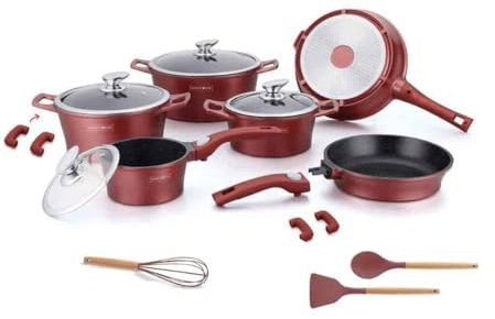 Set Pentole Batteria Padelle 17 Pezzi Professionale Alluminio Antiaderente Rivestimento In Pietra Lavica Piano Induzione e gas Coperchi in Vetro Utensili Inclusi Colore Bordeaux