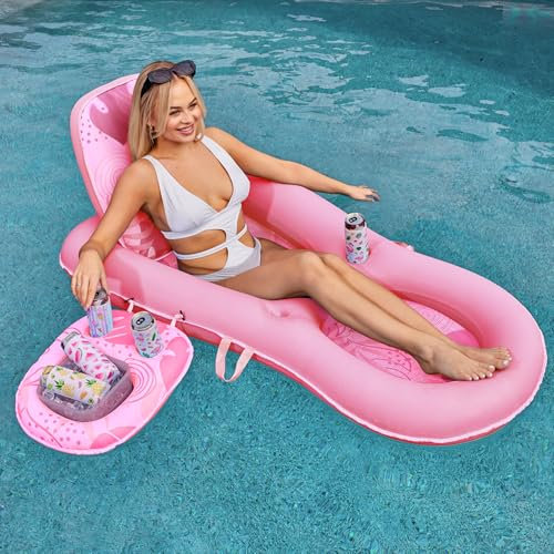SLOOSH Matelas Gonflable pour Adultes, Transat de Piscine en Tissu Convertible 2-en-1, Bouée Flottante avec Porte-Gobelets et Dossier Réglable pour Détente et Fêtes Estivales (Rose)