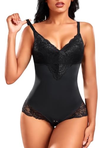 Niwicee Shapewear Damen Bauchweg Body Shaper Bodysuits Leicht Figurformende V-Ausschnitt Bh Bodysuit Spitze Figurformende Sexy Tanga String Verstellbare Träger Shaping Body Damen