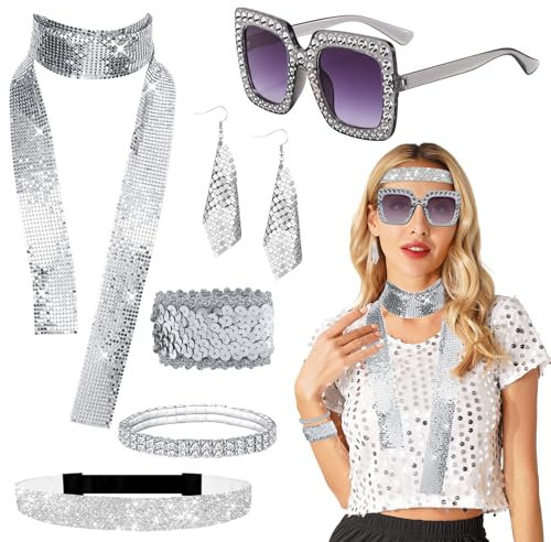 Rosedreamer 6 Stück Disco Glitzer Kostüm Accessoires, 70er Disco Kostüm Damen Pailletten Quaste Ohrringe Stirnband Armband Halskette Sonnenbrille 70er 80er Jahre Glitzer Outfit Kostüm Damen Fasching