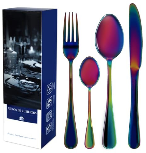 Myetasser Premium Edelstahl Besteckset 24tlg-6 Personen (6x Messer/Gabeln/Löffel) - Spülmaschinenfest, Hochglanzpolitur - Modernes Design in Regenbogen-Effekt