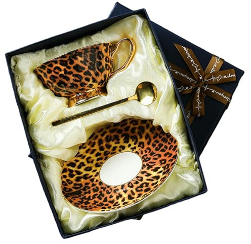 Kaffeetasse aus Knochenporzellan im Retro-Design mit Leopardenmuster, 1 Tasse, 1 Schale, 1 Löffelbox