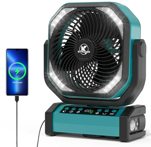 Ventilador de camping con luz, ventilador de tienda de campaña de batería recargable de 20000 mAh, 112 horas máximo, 8 velocidades, pantalla digital, temporizador, oscilación automática, pivote de 270