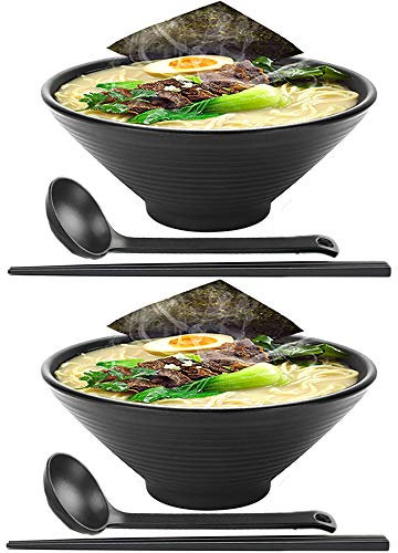 Bols à Ramen Japonais, Lot de 2, 1,2 l, Vaisselle en Plastique Rigide, Bol à Soupe pour Nouilles avec Baguettes et cuillères Assorties, Grand Bol pour Nouilles, Udon, soba, pho, céréales
