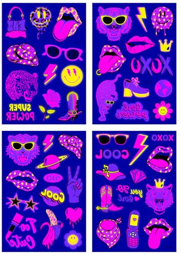 Leuchten im Dunkeln temporäre Tattoos Hot Pink Preppy Neon leuchtende Tattoos Aufkleber Fluoreszierende Party Gesicht Tattoos Wasserdichte Tattoos für adrette Favoriten Vorräte 4 Blätter