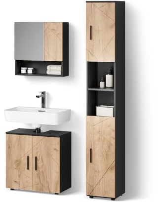 Livinity Badmöbel-Set Ronco Goldkraft Eiche/Anthrazit | 3 Teile, mit Hochschrank
