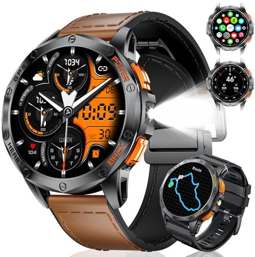 ESFOE GPS Militare Smartwatch Uomo Impermeabile 10ATM con Torcia LED 1,43 AMOLED Display Rugged Smartwatch Orologio con Chiamate Bluetooth, Altitudine, Pressione, Bussola per Android iOS (DM1-F)