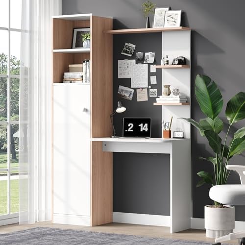 Doyisy Arbeitstisch/Schreibtisch mit Aufbewahrung – Weiß mit Stabholzkontrast, unterer Schrank mit Türen und oberes offenes Regal, Büro-Design, 123,5x45x168,5 cm