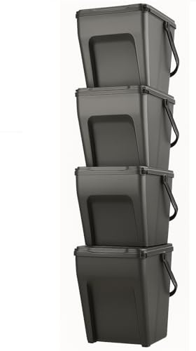 FEINZ Mülleimer Set 4x25 L Schwarz | Stapelbar, mit Deckel und Griff, Recycling-Symbole, für Mülltrennung, für Innen und Außen, robustes Kunststoffgehäuse