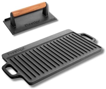 Prestige Cast Iron Burger Press and Double Sided Griddle Pan – Pre-Seasoned, Non-Toxic, Induction & Oven Safe, Easy Clean, 45 x 22.4 x 1.5 cm, Black