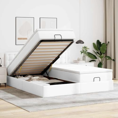 Qnhdfrt Doppelbett 200x200 cm Kunstleder Ottoman Stauraumbett mit Kopfteil Weiß komplett inkl Matratzen & Topper gepolstertes Bettgestell für Schlafzimmer Jugendzimmer
