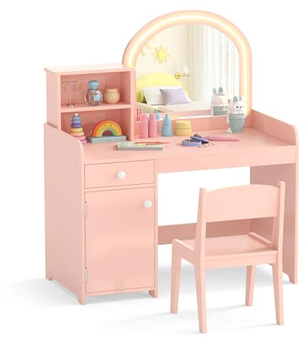 GOPLUS Coiffeuse Enfant Fille avec Chaise, 2 en 1 Coiffeuse Bureau Enfant avec Lumière LED Bicolores, Mirroir Acrylique, Étagère, Tiroirs et Armoire, Table de Maquillage pour 3+ Ans (Rose pâle)
