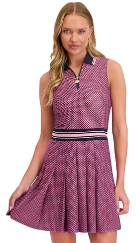 Stella Parker Women's ¼ Zip Pleated Skirt Polo Dress – UPF 50+, Stretch Fabric, 35” Length, Floral Dot, X-Small