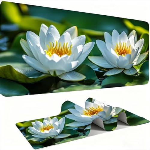 Tapis de Souris AAA XXL 800 x 400 mm Grand Tapis de Bureau Bords Cousus Imperméable Antidérapant,Ordinateur Portable Améliore la précision et la Vitesse. pour Gamer, Ordinateur, PC, Lotus blanc w0w865