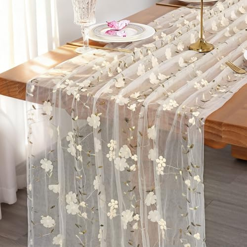 Weldomcor Tischläufer Frühling Weiß, 76×305 cm Gaze Tischdecke mit Blumen Stickerei, Käsetuch Tischdecken Spitze Tüll Stoff Tischband für Hochzeit Geburtstag Urlaub Party Küche Drinnen Tischdeko
