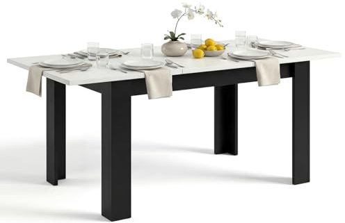duehome | Mesa de Comedor Extensible, Mesa Rectangular, Modelo Sira, Acabado en Negro Mate y Blanco Artik, Medidas: 140-190 cm (Largo) x 90 cm (Ancho) x 78 cm (Alto)