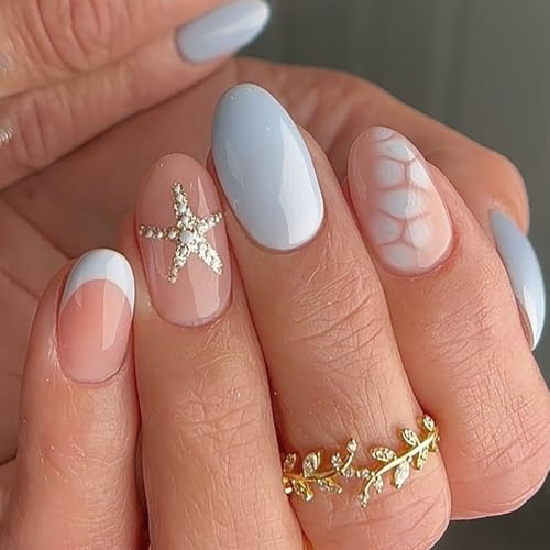LunarCharm 24 faux ongles bleus à coller, courts en forme amande, avec motif étoile de mer, ongles acryliques brillants à couverture complète, set de manucure DIY pour femmes