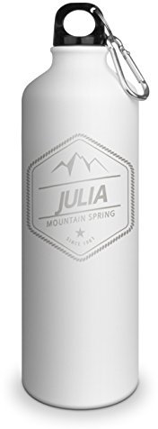 Trinkflasche mit Namen Julia - graviert mit Adventure Layout, Aluminiumflasche mit Gravur, Sportflasche - matt weiß