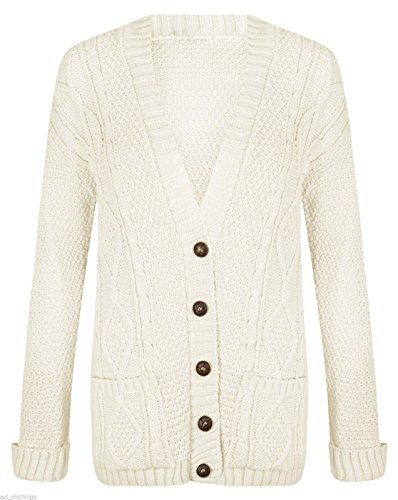 Purple Hanger New Womens Everyday Long Sleeve Button Top Ladies Chunky Aran Cable Knit Grandad Cardigan (16-18 XL, White)