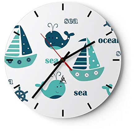 Modern Wanduhr Wale Schiffe Kinder Seesterne 30x30cm Rund Klein Wand Uhr Glas Analog Zimmeruhren Küche Büro Wohnzimmer Glasuhr Wall Clock Dekoration Design Wanddekoration Küchenuhr C3AR30x30-2913