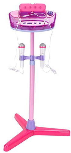 deAO Set de karaoké avec Deux Microphones,amplificateur,Prise Jack MP3 intégré et voyants,Micro Enfant sur Pied Karaoké Rose,Taille47x 47x 95cm (Hauteur Réglable)