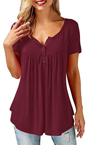 AMORETU T-Shirt Damen V-Ausschnitt Knopfleiste Bluse Solide Tunika Sommer Tops , Kurzarm-burgund, XXL/DE 54-56