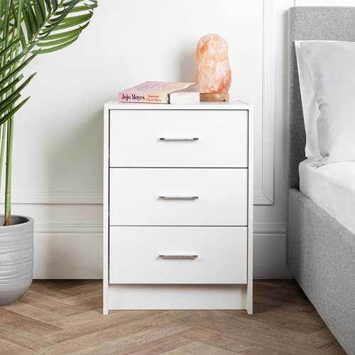 Home Treats Chest of 3 Drawers | White Bedside Table | Metal Handles and Runner | Modern Strong Sturdy Design | Easy Assemble | Anti Bowing Drawers | Lots of Storage