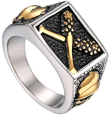 Flongo Herren Ring Männerring Herrenring Bandring mit Totenkopf Schädel Baseballschläger aus Edelstahl Ringe Silber Gold Schwarz Siegelring Daumenring Punk Biker Herren-Accessoires Größe 54