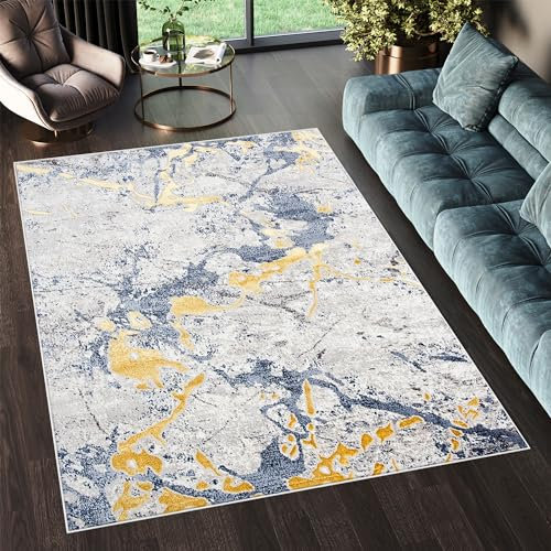 TAPISO Shine Teppich Kurzflor Hellgrau Gold Marmor Design Wohnzimmer Schlafzimmer 3D Optik Modern Design ÖKOTEX 120 x 170 cm