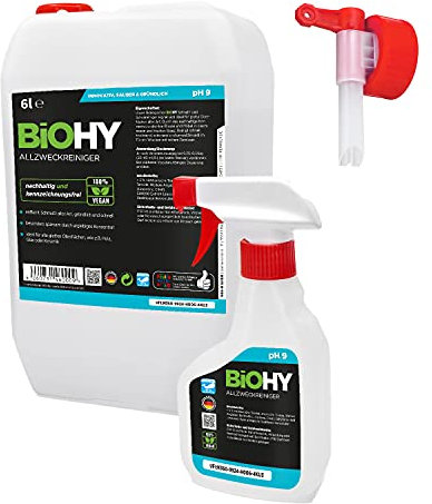 BiOHY Limpiador multiuso (Bidón de 6 litros) + botella pulverizadora y grifo | Limpiador multiusos ecológico para suelos y hogar | concentrado antical de aplicación universal (Allzweckreiniger)