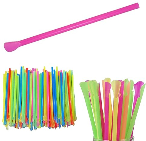 Concession Essentials 8'' Unwrapped Snow Cone Spoon Straw Assorted Bright Colors. Pack of 200ct.