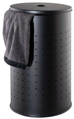 Home4You Wäschetonne - mit Deckel und Luftlöchern - 54 Liter Fassungsvermögen - Edelstahl - Schwarz - Ø 35,5 cm - 57,5 cm hoch - Wäschesammler Wäschekorb Wäschebox Wäschetruhe