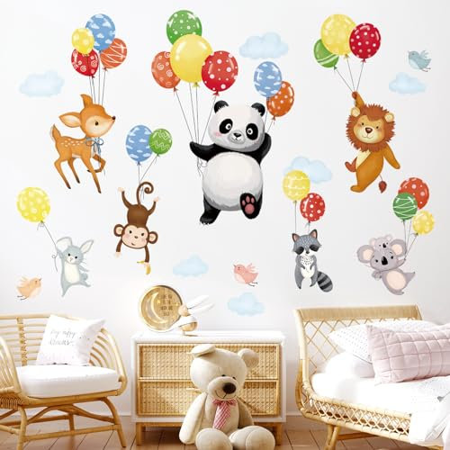 decalmile Wandtattoo Panda Tiere im Ballon Wandaufkleber Heißluftballon Koala Affen Wandsticker Babyzimmer Kinderzimmer Schlafzimmer Wanddeko