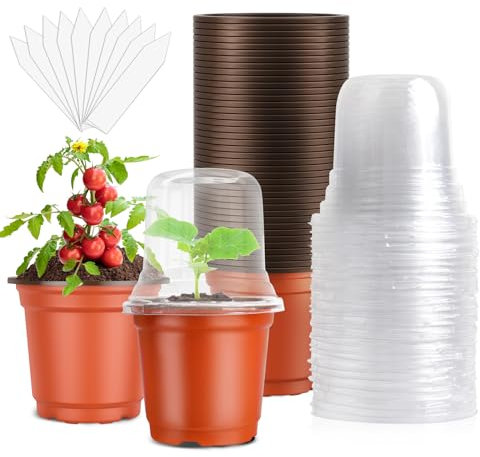 PEYOU 30PCS Plastic Plant Pots with 30 Pack Humidity Dome, 10CM Seedling Pots with 10Pcs Plant Labels Thermostatic Plant Pots for Vegetables,Flowers,Herbs,Cuttings,Transplanting