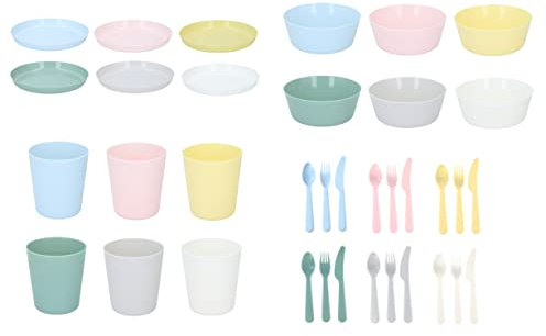 Invero 36 Piece Children's Colourful Unbreakable Plastic Reusable Bowls, Plates, Cups and Cutlery Tableware Set - Ideal for Breakfast, Lunch, Dinner, Outdoor Picnics, Parties, Travels and More
